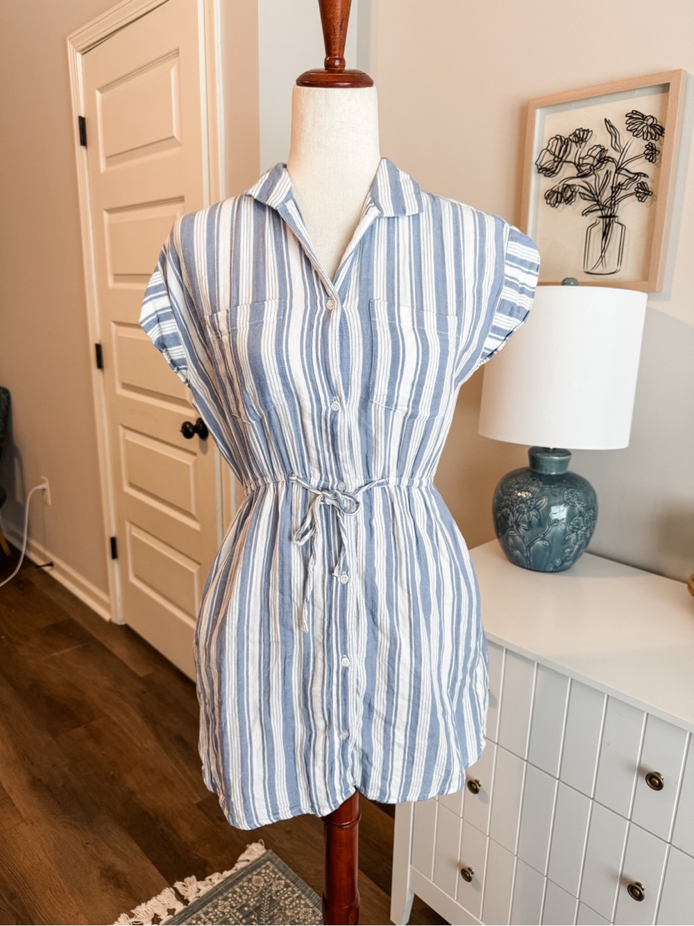 Blue and White Striped Cotton Button-Up Tie-Waist Dress
